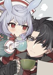 Rule 34 | 1boy, 1girl, animal ears, bandaged hand, bandaged neck, bandages, black bandages, black hair, blush, collared shirt, crying, crying with eyes open, cup, drinking straw, genshin impact, gloves, green shirt, grey background, grey eyes, grey hair, grey shirt, highres, holding, holding cup, hoshiyui tsukino, long sleeves, looking at another, looking to the side, necktie, puffy sleeves, red eyes, red necktie, shirt, short hair, sigewinne (genshin impact), simple background, steam, tears, upper body, white gloves, white headwear, wriothesley (genshin impact)