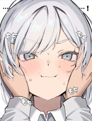 Rule 34 | !, ...!, 1girl, akershus fortress (oshiro project), aqua eyes, blush, closed mouth, collared shirt, grey hair, hands on another&#039;s cheeks, hands on another&#039;s face, highres, long sleeves, looking at viewer, mu46016419, oshiro project:re, pov, pov hands, shirt, simple background, solo focus, surprised, sweat, white background, white shirt