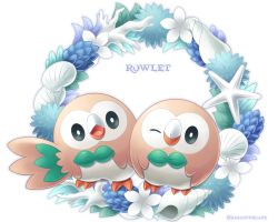 Rule 34 | animal focus, beak, black eyes, character name, closed mouth, commentary request, creatures (company), game freak, gen 7 pokemon, highres, nintendo, no humans, open mouth, pokemon, pokemon (creature), rowlet, sasabunecafe, talons, tongue, wreath