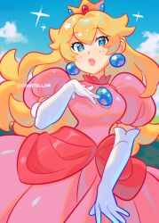 Rule 34 | 1girl, absurdres, artist name, blonde hair, blue eyes, blue gemstone, blue sky, blush, breasts, cloud, cloudy sky, constellor, crown, day, dress, earrings, elbow gloves, gem, gloves, grass, hair between eyes, hand on own chest, hand up, highres, jewelry, lips, long hair, looking at viewer, mario (series), medium breasts, nintendo, outdoors, pink dress, princess peach, puffy short sleeves, puffy sleeves, red gemstone, short sleeves, sky, solo, standing, star (symbol), super mario bros. 1, teeth, wavy hair, white gloves