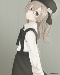 Rule 34 | 10s, 1girl, arm behind back, arm grab, beret, black hat, black ribbon, black skirt, brown eyes, closed mouth, collared shirt, commentary, cosplay, flower, girls und panzer, hair between eyes, hair flower, hair ornament, hair ribbon, hat, hatoba tsugu, hatoba tsugu (cosplay), head tilt, high-waist skirt, highres, light brown hair, long hair, looking at viewer, mole, mole under eye, one-hour drawing challenge, ribbon, rose, shimada arisu, shirt, side ponytail, skirt, smile, solo, standing, suspender skirt, suspenders, tacch, twitter username, upper body, virtual youtuber, white flower, white rose, white shirt