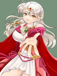 Rule 34 | :d, bangle, bare shoulders, bracelet, breasts, cape, circlet, corset, dress, fire emblem, fire emblem: radiant dawn, gau fe, green background, hair tubes, half updo, jewelry, long hair, medium breasts, micaiah (fire emblem), nintendo, open mouth, outstretched arm, ring, silver hair, simple background, sleeveless, sleeveless dress, smile, solo, thighhighs, turtleneck, turtleneck dress, white dress, yellow eyes, zettai ryouiki