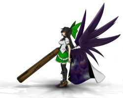 Rule 34 | 1girl, alternate wings, arm cannon, armor, asymmetrical footwear, black hair, black thighhighs, bloodycat, blouse, bow, cape, female focus, from side, greaves, hair bow, long hair, low wings, miniskirt, mismatched footwear, no eyes, reiuji utsuho, shirt, short sleeves, skirt, solo, standing, thighhighs, third eye, touhou, weapon, wings, zettai ryouiki