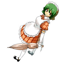 Rule 34 | 1girl, adapted costume, alternate costume, apron, bow, brown eyes, closed umbrella, dress, elbow gloves, enmaided, female focus, flower, full body, gloves, green hair, hair ornament, headdress, hota, kazami yuuka, maid, maid apron, mary janes, pantyhose, parasol, plaid, plaid dress, shoes, short hair, simple background, solo, sunflower, thighhighs, touhou, umbrella, white pantyhose