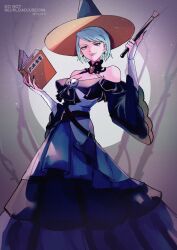 1girl ace_attorney alternate_costume black_dress blue_hair book breasts cleavage closed_mouth commentary dress eyelashes franziska_von_karma full_moon gem hat highres holding holding_book holding_wand long_dress mole mole_under_eye moon open_book outdoors pink_lips rat_nkmi red_gemstone short_hair skull smile solo symbol-only_commentary wand witch_hat