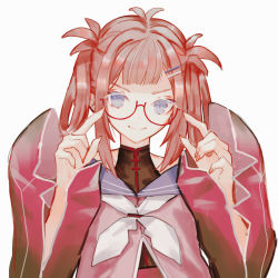 Rule 34 | 1girl, atelier live, bespectacled, blue eyes, glasses, hair ornament, hair rings, hairclip, highres, kani kanizawa, looking at viewer, nail polish, pointing, pointing at self, red nails, short eyebrows, softmode, solo, v-shaped eyebrows, virtual youtuber, white background