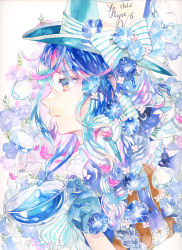 Rule 34 | 1girl, alice (alice in wonderland), alice in wonderland, blue eyes, blue flower, blue gloves, blue hair, blue hat, bow, braid, commentary request, cup, flower, gloves, grey background, hair between eyes, hand up, hat, hat bow, highres, holding, holding cup, long hair, looking away, painting (medium), parted lips, profile, solo, striped, striped bow, tamaki mitsune, traditional media, twin braids, twitter username, watercolor (medium), white bow