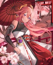 Rule 34 | 1girl, absurdres, animal ears, artist name, bare shoulders, black sleeves, blurry, blurry background, calinae, cherry blossoms, closed mouth, earrings, fox ears, genshin impact, highres, holding, holding umbrella, japanese clothes, jewelry, long hair, looking at viewer, nontraditional miko, oil-paper umbrella, outdoors, pink hair, purple eyes, smile, tree, umbrella, white sleeves, wide sleeves, yae miko