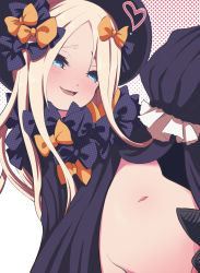 Rule 34 | 1girl, abigail williams (fate), black bow, black dress, black hat, blonde hair, blue eyes, blush, bow, dress, fate/grand order, fate (series), fujitaka nasu, hat, heart, highres, long hair, looking at viewer, multiple bows, navel, orange bow, parted bangs, polka dot, polka dot bow, sleeves past fingers, sleeves past wrists, smile, solo