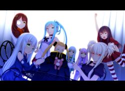 Rule 34 | 10s, 6+girls, aoki hagane no arpeggio, blonde hair, blue eyes, blue hair, brown hair, chinese clothes, choker, closed eyes, cup, glasses, green eyes, green hair, hair ornament, hairclip, haruna (aoki hagane no arpeggio), hyuuga (aoki hagane no arpeggio), i-400 (aoki hagane no arpeggio), i-402 (aoki hagane no arpeggio), iona (aoki hagane no arpeggio), kirishima (aoki hagane no arpeggio), kiyomin, kongou (aoki hagane no arpeggio), letterboxed, lipstick, looking at viewer, makeup, maya (aoki hagane no arpeggio), monocle, multiple girls, opaque glasses, pink hair, ponytail, red eyes, ribbon, sitting, smile, socks, striped clothes, striped legwear, striped thighhighs, stuffed animal, stuffed toy, takao (aoki hagane no arpeggio), teacup, teddy bear, thighhighs, twintails, white hair, yellow eyes, yotarou (aoki hagane no arpeggio)