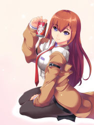 Rule 34 | 1girl, bad id, bad pixiv id, black pantyhose, blue eyes, breasts, brown hair, can, dr pepper, drink can, jacket, koflif, large breasts, long hair, makise kurisu, necktie, pantyhose, pantyhose under shorts, red necktie, short shorts, shorts, sitting, smile, soda, soda can, solo, steins;gate