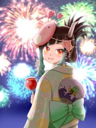 Rule 34 | 1girl, nanashi inc., absurdres, aerial fireworks, alternate costume, alternate hairstyle, black hair, blue hair, blue kimono, blush, bow, candy apple, commentary request, demon girl, demon horns, fang, fireworks, flower, folded ponytail, food, from behind, green bow, highres, holding, holding food, horn flower, horns, japanese clothes, kein k, kimono, long sleeves, looking at viewer, looking back, mask, mask on head, multicolored hair, open mouth, pink flower, pointy ears, red eyes, shishio chris, smile, solo, sugar lyric, two-tone hair, upper body, virtual youtuber, yukata