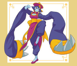 Rule 34 | 1girl, blue hair, blue skin, blush stickers, breasts, capcom, chinese clothes, claw (weapon), cleavage, cleavage cutout, clenched hand, closed mouth, clothing cutout, colored skin, flipped hair, full body, hair between eyes, hat, jiangshi, large breasts, leg up, lei lei, mandarin collar, ofuda, orange eyes, pink footwear, qingdai guanmao, sash, short hair, sjw kazuya, slippers, smile, solo, standing, standing on one leg, vampire (game), weapon, zombie
