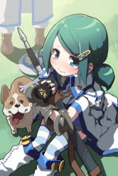 Rule 34 | 1girl, aqua eyes, blush, boots, coat, dog, fingerless gloves, gauntlets, gloves, green hair, hair ornament, hairclip, len (a-7), lowres, rotori (sword girls), sheath, short twintails, sitting, skirt, solo focus, striped clothes, striped thighhighs, sword, sword girls, thighhighs, twintails, weapon