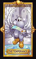 Rule 34 | angel wings, black border, black eyes, boots, border, commentary, crescent, english commentary, english text, feathered wings, floating, grass, hill, holding eggshell, limited palette, looking at viewer, mario (series), nintendo, no humans, nostrils, quas-quas, rainbow, ripples, smash ball, solo, sparkle, star (symbol), super smash bros., tarot, temperance (tarot), water, white wings, wings, yellow footwear, yoshi