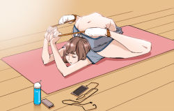 Rule 34 | 1girl, arched back, brown hair, cellphone, female focus, flexible, from below, navel, on floor, phone, smartphone, solo, tnsdl85, yoga