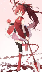 Rule 34 | 1girl, absurdres, apple, black thighhighs, boots, bow, collared dress, detached sleeves, dress, expressionless, food, frilled dress, frills, from side, fruit, full body, hair bow, high ponytail, highres, holding, holding food, holding fruit, holding polearm, holding weapon, knee boots, long hair, looking at viewer, magical girl, mahou shoujo madoka magica, mahou shoujo madoka magica (anime), parted bangs, pink background, pink skirt, polearm, red dress, red eyes, red footwear, red hair, sakura kyoko, skirt, sleeveless, sleeveless dress, solo, standing, standing on one leg, thighhighs, weapon, xinjinjumin8456216