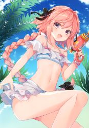 Rule 34 | 1boy, absurdres, astolfo (fate), astolfo (sparkling frills) (fate), bare shoulders, bikini, braid, braided ponytail, bulge, collarbone, eyes visible through hair, fate/apocrypha, fate (series), gomano rio, hair between eyes, highres, long hair, looking at viewer, male focus, midriff, multicolored hair, navel, off-shoulder bikini, off shoulder, official alternate costume, open mouth, pink hair, purple eyes, simple background, solo, streaked hair, swimsuit, two-tone hair, water gun, white hair