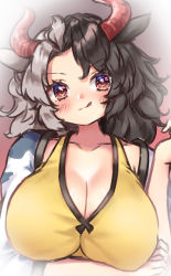 Rule 34 | 1girl, absurdres, animal print, arm under breasts, black hair, blush, breasts, cleavage, cow horns, cow print, crop top, grey hair, haori, highres, horns, japanese clothes, large breasts, looking at viewer, medium hair, multicolored hair, onomiya, red horns, split-color hair, tongue, tongue out, touhou, two-tone hair, ushizaki urumi