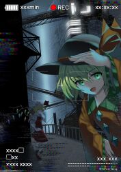 Rule 34 | 2girls, absurdres, black headwear, blonde hair, cityscape, commentary, crystal wings, flandre scarlet, green eyes, green hair, hat, hat ribbon, highres, komeiji koishi, long sleeves, looking at viewer, multiple girls, open mouth, recording, red skirt, red vest, ribbon, skirt, tofuandsoup, touhou, twitter username, vest, white headwear, yellow ribbon