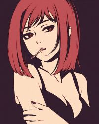 Rule 34 | 1girl, bare shoulders, black background, black dress, black nails, bob cut, breasts, bright pupils, brown eyes, cigarette, cleavage, close-up, collarbone, commentary, dress, eyelashes, flcl, lips, looking at viewer, medium breasts, medium hair, moshimoshibe, mouth hold, nail polish, narrowed eyes, parted lips, portrait, red hair, ringed eyes, romaji commentary, round teeth, samejima mamimi, simple background, sleeveless, sleeveless dress, solo, teeth, upper body, upper teeth only