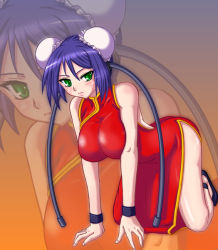 Rule 34 | 1girl, android, aq interactive, arcana heart, atlus, blue hair, breasts, china dress, chinese clothes, dress, examu, green eyes, large breasts, mei-fang, red dress, solo