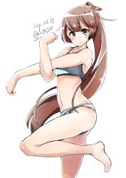 Rule 34 | 10s, 1girl, 2017, absurdres, aqua bikini, bikini, brown hair, clenched hand, dated, from side, grey eyes, hair ribbon, highres, kantai collection, kazagumo (kancolle), kazu (really in hot water now), long hair, ponytail, ribbon, sarong, simple background, solo, standing, standing on one leg, stretching, striped bikini, striped clothes, swimsuit, tsurime, twitter username, white background
