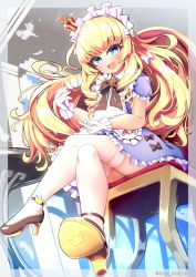 Rule 34 | 1girl, alma (41ma stella), alternate costume, apron, azur lane, black footwear, blonde hair, blue dress, blue eyes, blue sky, brooch, chair, cloud, cloudy sky, crossed legs, crown, cup, day, dress, drill hair, enmaided, eyebrows hidden by hair, fang, frilled apron, frilled gloves, frilled skirt, frills, gloves, gold trim, hairband, headdress, highres, jewelry, looking at viewer, maid, mini crown, official alternate costume, outdoors, puffy short sleeves, puffy sleeves, queen elizabeth (azur lane), queen elizabeth (yes your maidness!) (azur lane), short sleeves, sitting, skirt, sky, thighhighs, white apron, white thighhighs