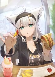 Rule 34 | 1girl, absurdres, ahoge, animal ear fluff, animal ears, aqua eyes, black hairband, black jacket, black shirt, breasts, burger, chair, cleavage, commentary request, cup, earrings, food, food on face, food request, fox ears, fox girl, french fries, hair between eyes, hairband, highres, holding, holding burger, holding food, hololive, indoors, jacket, jewelry, ketchup, lerk puzz, looking at viewer, medium breasts, nejima kitsune (shirakami fubuki), official alternate costume, on chair, parted lips, shirakami fubuki, shirakami fubuki (loungewear), shirt, sidelocks, single earring, sitting, solo, table, tray, triangle mouth, unzipped, virtual youtuber, white hair, wooden chair, wooden table