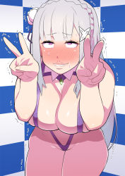 Rule 34 | 1girl, ahegao, blush, breasts, breasts squeezed together, checkered background, clenched teeth, cowboy shot, detached collar, double v, embarrassed, emilia (re:zero), full-face blush, groin, highres, large breasts, legs, long hair, looking at viewer, pink eyes, re:zero kara hajimeru isekai seikatsu, slingshot swimsuit, smile, solo, standing, sweat, swimsuit, teeth, tetrodotoxin, thighs, trembling, v, white hair