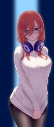 Rule 34 | 1girl, 3:, absurdres, black pantyhose, blue eyes, blush, breasts, closed mouth, clothes tug, embarrassed, go-toubun no hanayome, hair between eyes, headphones, headphones around neck, highres, large breasts, long hair, long sleeves, looking away, nakano miku, no pants, pantyhose, red hair, ribbed sweater, sae^2, solo, sweater, sweater tug, thighband pantyhose, turtleneck, turtleneck sweater, white sweater