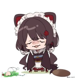 Rule 34 | 1girl, akym, animal ears, black hair, cherry, chibi, closed eyes, dog ears, dog hair ornament, drinking straw, flower, food, frown, fruit, full body, hair flower, hair ornament, highres, ice cream, inui toko, long hair, low twintails, maid, maid headdress, nijisanji, simple background, solo, standing, tray, twintails, twitter username, virtual youtuber, wa maid, white background, wrinkled frown (detective pikachu)