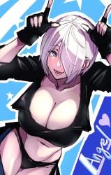 Rule 34 | 1girl, angel (kof), blue eyes, breasts, cleavage, fingerless gloves, gloves, hair over one eye, large breasts, legs, navel, short hair, smile, snk, the king of fighters, thighs, white hair