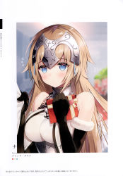 Rule 34 | 1girl, absurdres, bare shoulders, blurry, blurry background, blush, breasts, chain, elbow gloves, fate/grand order, fate (series), gloves, headpiece, highres, holding, jeanne d&#039;arc (fate), jeanne d&#039;arc (ruler) (fate), jeanne d&#039;arc (third ascension) (fate), medium breasts, necomi, scan, simple background, solo, upper body