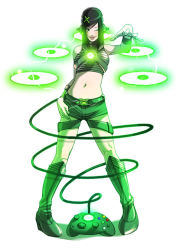 Rule 34 | 1girl, black hair, boots, controller, falcoon, game console, game controller, gamepad, green footwear, green theme, hair ornament, hairclip, lips, microsoft, midriff, navel, one eye closed, personification, short shorts, shorts, solo, wink, xbox, xbox-tan