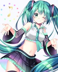 Rule 34 | 1girl, ;d, black skirt, black thighhighs, cowboy shot, crop top, detached sleeves, floating hair, frills, green eyes, green hair, green necktie, grin, hair between eyes, hatsune miku, highres, long hair, looking at viewer, midriff, miniskirt, navel, necktie, one eye closed, open mouth, pleated skirt, skirt, smile, solo, standing, stomach, takashina taaa, thighhighs, twintails, very long hair, vocaloid, white background, zettai ryouiki