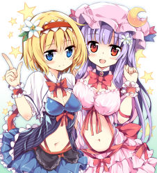 Rule 34 | 2girls, alice margatroid, blonde hair, blue eyes, blush, breast press, breasts, choker, cleavage, flower, frilled skirt, frills, gradient background, hair flower, hair ornament, hairband, hat, large breasts, long hair, looking at viewer, maturiuta sorato, multiple girls, navel, patchouli knowledge, purple eyes, purple hair, red eyes, shawl, short hair, skirt, smile, star (symbol), touhou, wrist cuffs