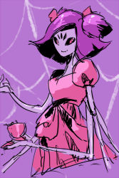 Rule 34 | 1girl, bug, colored skin, extra arms, extra eyes, fangs, arthropod girl, monster girl, muffet, purple skin, solo, spider, spider girl, twintails, undertale