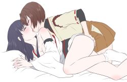 Rule 34 | 10s, 2girls, ass, ass grab, bad id, bad pixiv id, bare shoulders, bed sheet, black hair, blush, brown hair, closed eyes, detached sleeves, female focus, french kiss, fusou (kancolle), grabbing, grabbing another&#039;s ass, groping, hyuuga (kancolle), japanese clothes, kantai collection, kiss, miko, multiple girls, no bra, simple background, skirt, socks, thighs, udon (shiratama), white background, wide sleeves, yuri