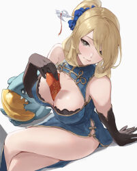 Rule 34 | 1girl, bare shoulders, black gloves, blonde hair, blue dress, blush, breasts, china dress, chinese clothes, cleavage, cleavage cutout, closed mouth, clothing cutout, commentary request, creatures (company), cynthia (pokemon), dress, elbow gloves, fortune cookie (food), game freak, gen 4 pokemon, gible, gloves, gold trim, grey eyes, hair ornament, hair over one eye, hairpin, highres, jojobirdz, large breasts, long hair, looking at viewer, nintendo, pokemon, pokemon dppt, ponytail, smile, thighs, tongue, tongue out, very long hair