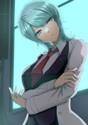 Rule 34 | absurdres, black shirt, blue hair, breasts, capelet, dress, faust (project moon), gown, hand on another&#039;s arm, head tilt, highres, jacket, limbus company, looking afar, necktie, project moon, red necktie, shirt, short hair, white hair, white jacket, window