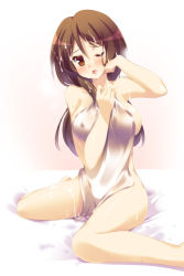 Rule 34 | 1girl, bed sheet, blush, breasts, brown eyes, brown hair, covered erect nipples, cum, cum in mouth, extra, highres, hoppege, k-on!, large breasts, long hair, naked sheet, one eye closed, open mouth, simple background, sitting, solo, sweat, tachibana himeko, wariza, wink