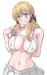 Rule 34 | 1girl, anchor hair ornament, aqua eyes, bikini, bikini top only, blonde hair, breasts, cleavage, commentary request, cowboy shot, dated, hair ornament, highres, kantai collection, large breasts, navel, pleated skirt, prinz eugen (kancolle), skirt, smile, solo, sozan, swimsuit, twintails, twitter username, white background, white bikini