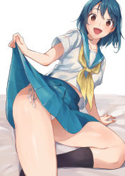 Rule 34 | 1girl, :d, arm support, black socks, blue skirt, blunt bangs, brown eyes, clothes lift, comic, commentary request, doushimasho, fang, kneehighs, leaning back, lifting own clothes, neckerchief, open mouth, original, panties, pantyshot, pleated skirt, school uniform, serafuku, shirt, short hair, short sleeves, side-tie panties, side-tie peek, sitting, skirt, skirt lift, smile, socks, solo, underwear, white panties, white shirt, yellow neckerchief