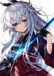 Rule 34 | 1girl, 40 (0f0urw), :o, absurdres, black gloves, black kimono, blue eyes, breasts, commission, copyright request, gloves, grey hair, hair between eyes, hair ornament, hairclip, hakama, hakama skirt, hand up, highres, holding, holding sword, holding weapon, japanese clothes, katana, kimono, long hair, long sleeves, looking at viewer, medium breasts, parted lips, red hakama, simple background, skeb commission, skirt, solo, sword, very long hair, weapon, white background, wide sleeves, x hair ornament
