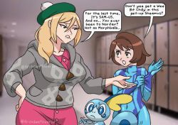 Rule 34 | 2girls, age difference, angry, archdan, artist name, bag, blonde hair, bodysuit, breasts, brown eyes, brown hair, child, cosplay, costume switch, covered navel, creatures (company), crossover, dress, english text, flat chest, game freak, gen 8 pokemon, gloria (pokemon), gloria (pokemon) (cosplay), grey jacket, hat, height difference, jacket, large breasts, legs, metroid, multiple girls, nintendo, open mouth, pink dress, pokemon, pokemon swsh, samus aran, short hair, skin tight, sobble, tam o&#039; shanter, zero suit
