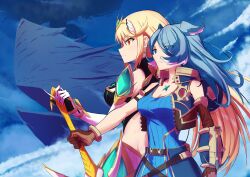 Rule 34 | 2girls, absurdres, bare shoulders, belt, blonde hair, blue eyes, blue hair, blue jacket, blue shirt, blue sky, breasts, brown gloves, chest jewel, cleavage, closed mouth, cloud, cloudy sky, core crystal (xenoblade), cosplay, dress, elbow gloves, elira pendora, gloves, highres, holding, holding sword, holding weapon, jacket, large breasts, long hair, multiple girls, mythra (xenoblade), nijisanji, nijisanji en, outdoors, rex (xenoblade), rex (xenoblade) (cosplay), shirt, sky, sleeveless, sleeveless jacket, sleeveless shirt, swept bangs, sword, tsukinaga, upper body, very long hair, virtual youtuber, weapon, white dress, white gloves, xenoblade chronicles (series), xenoblade chronicles 2, yellow eyes