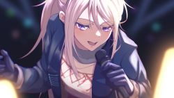 Rule 34 | absurdres, black gloves, black jacket, commentary request, doki (oox3o), from above, gloves, grey hair, highres, higuchi kaede, higuchi kaede (10th costume), holding, holding microphone, jacket, long hair, microphone, mole, mole under eye, music, nijisanji, open clothes, open jacket, open mouth, ponytail, purple eyes, singing, upper body, virtual youtuber