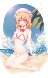 Rule 34 | 1girl, absurdres, beach, bikini, blonde hair, blue sky, bow, clear sky, commentary request, frilled bikini, frills, hat, highres, looking at viewer, maribel hearn, mob cap, ocean, ohako miyu, outdoors, palm tree, red bow, short hair, simple background, sky, solo, swimsuit, touhou, tree, white background, white bikini, white hat, white swimsuit
