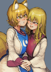 Rule 34 | 2girls, :&lt;, ;d, animal ear fluff, animal ears, blonde hair, blush, breasts, chanta (ayatakaoisii), commentary request, dress, fox ears, fox tail, grey background, hair between eyes, highres, large breasts, long hair, long sleeves, looking at another, multiple girls, multiple tails, no headwear, one eye closed, open mouth, parted lips, red eyes, short hair, simple background, smile, tabard, tail, touhou, upper body, white dress, wide sleeves, yakumo ran, yakumo yukari, yellow eyes, yuri
